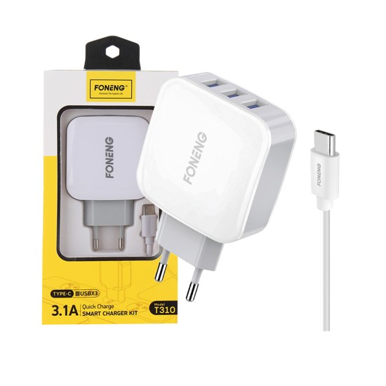 Foneng Fast Charger Adaptor T310 with Type C Cable 3 USB 3.1A White